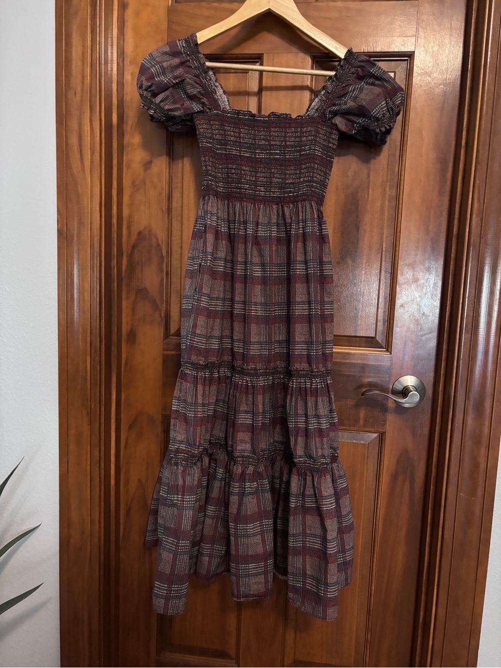 O.P.T. Tiered Midi Dress in Reddish Brown and Blue Plaid - Picture 3 of 6
